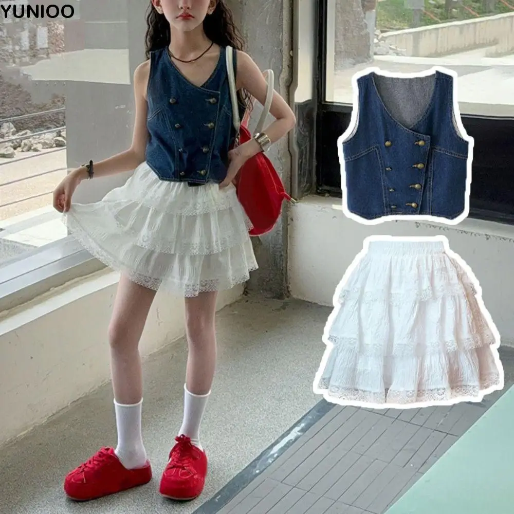 

Fashion Cowboy Vest Girls Sweet Clothes Set Loose Lace Vest Cake Skirt Set Children Clothing Teens Two Pieces Suit Spring Summer