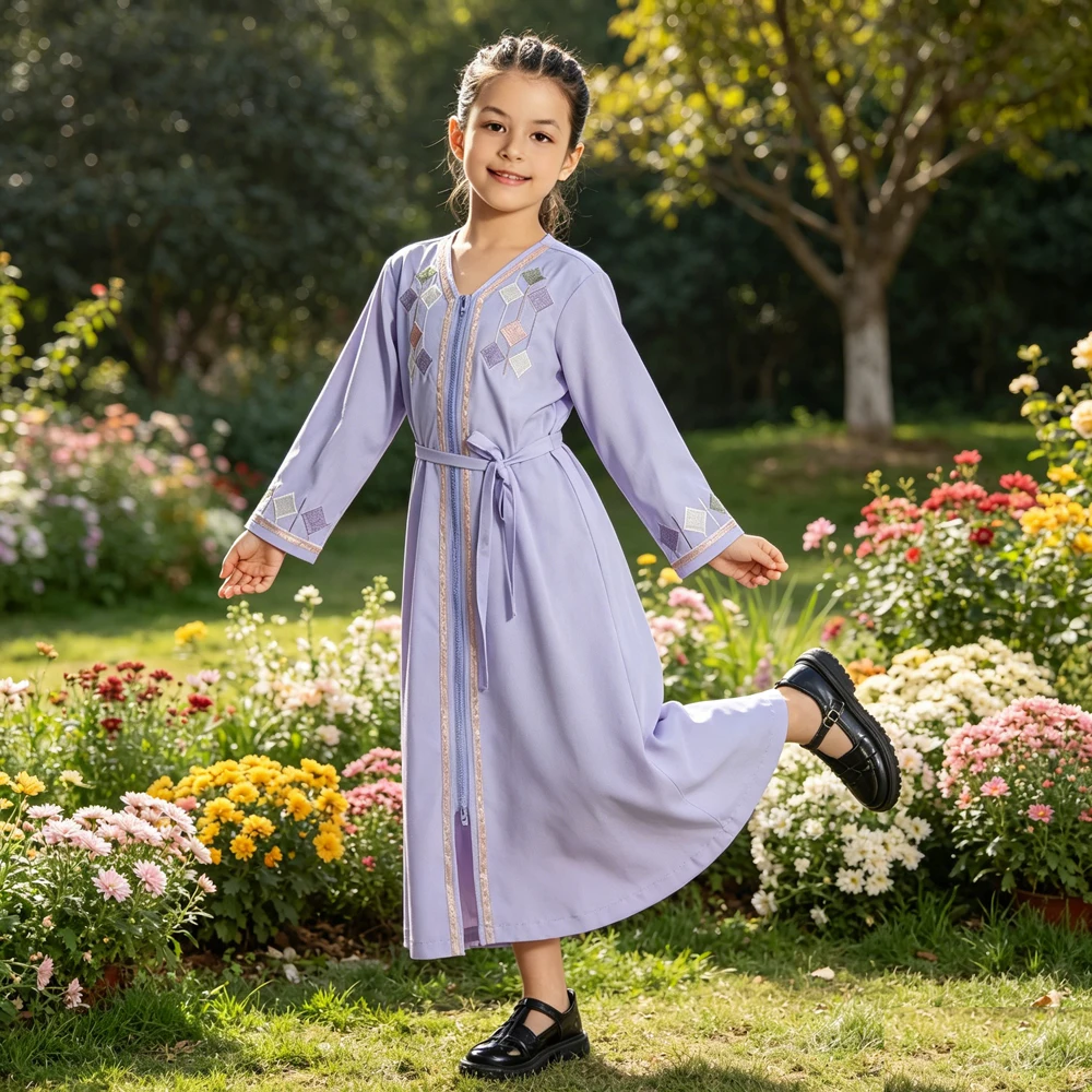 Abaya Islâmica com Zíper Frontal para Meninas, Kaftan de Eid Ramadan Marrocos Turquia, Vestido Longo Maxi para Uso Diário