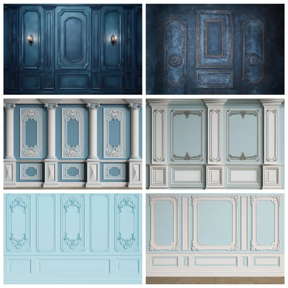 

Interior Vintage Blue Wall Backdrop European Style Castle Room Kids Birthday Wedding Holiday Party Photography Background Decor