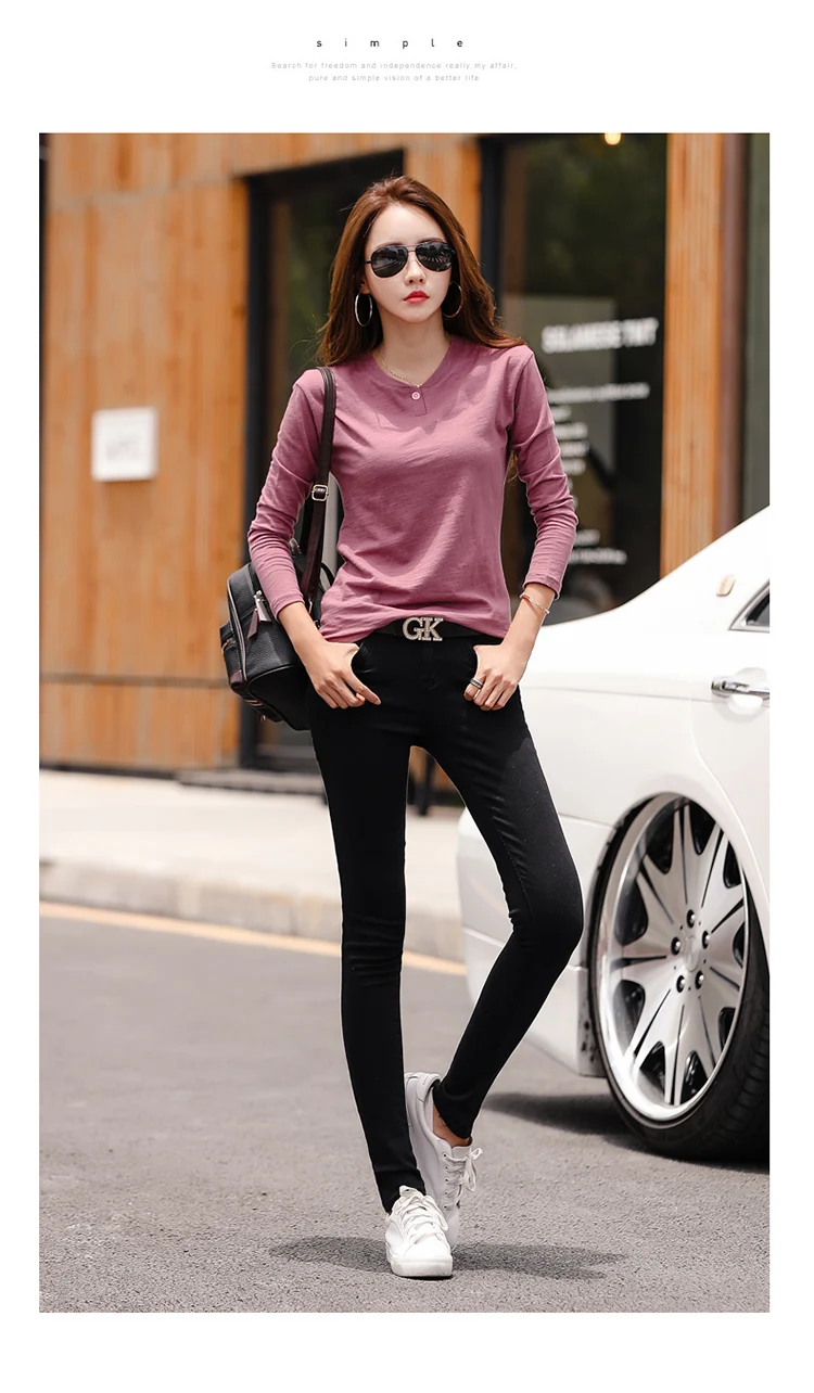 2026 Langarm Frühling Damen Slub-Baumwoll-T-Shirts mit Knöpfen, grüner V-Ausschnitt, einfarbiges T-Shirt, kaffeefarben, koreanische weiche, lockere Oberteile – Detail 8