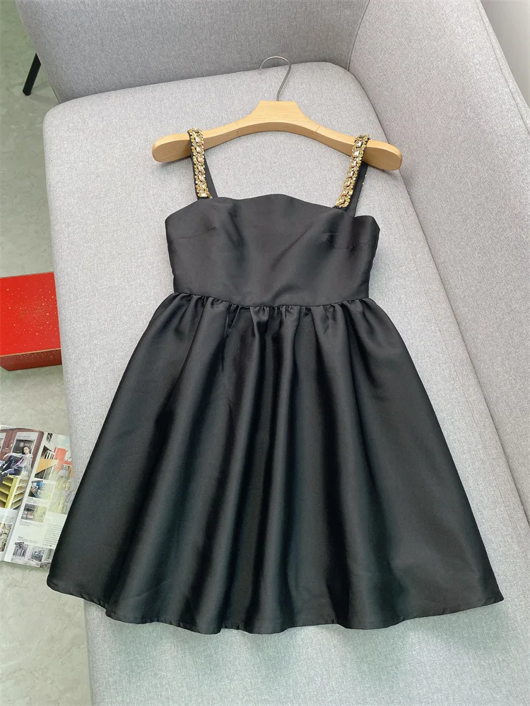 High End สีดําเพชรประดับด้วยลูกปัดหรูหราชุดสําหรับพรหมผู้หญิงแขนกุดอารมณ์ Elegant High เอวชุดปาร์ตี้ฤดูร้อน