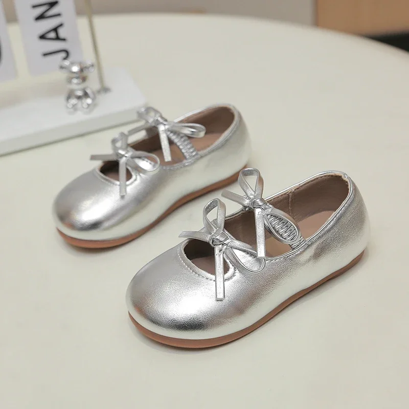 

Spring Autumn Kids Leather Shoes Black Silver Girl Elegant Ballet Shoes Fashion Hollow-out Children Princess Bowknot Flat Shoes