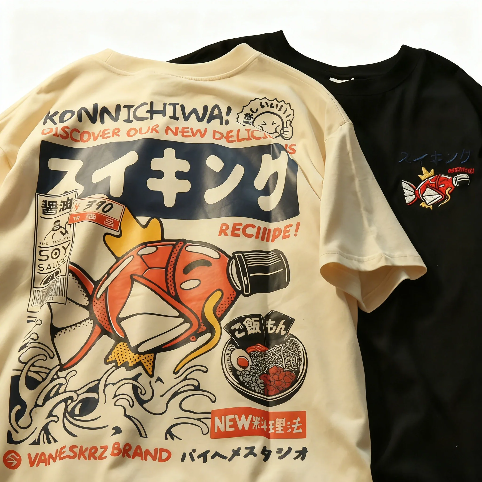 Japanese Streetwear T-shirt Men Koi Fish Soy Sauce Print Casual Women Short Sleeve Tee Summer 2025 Anime Fashion ​​Y2k Clothes
