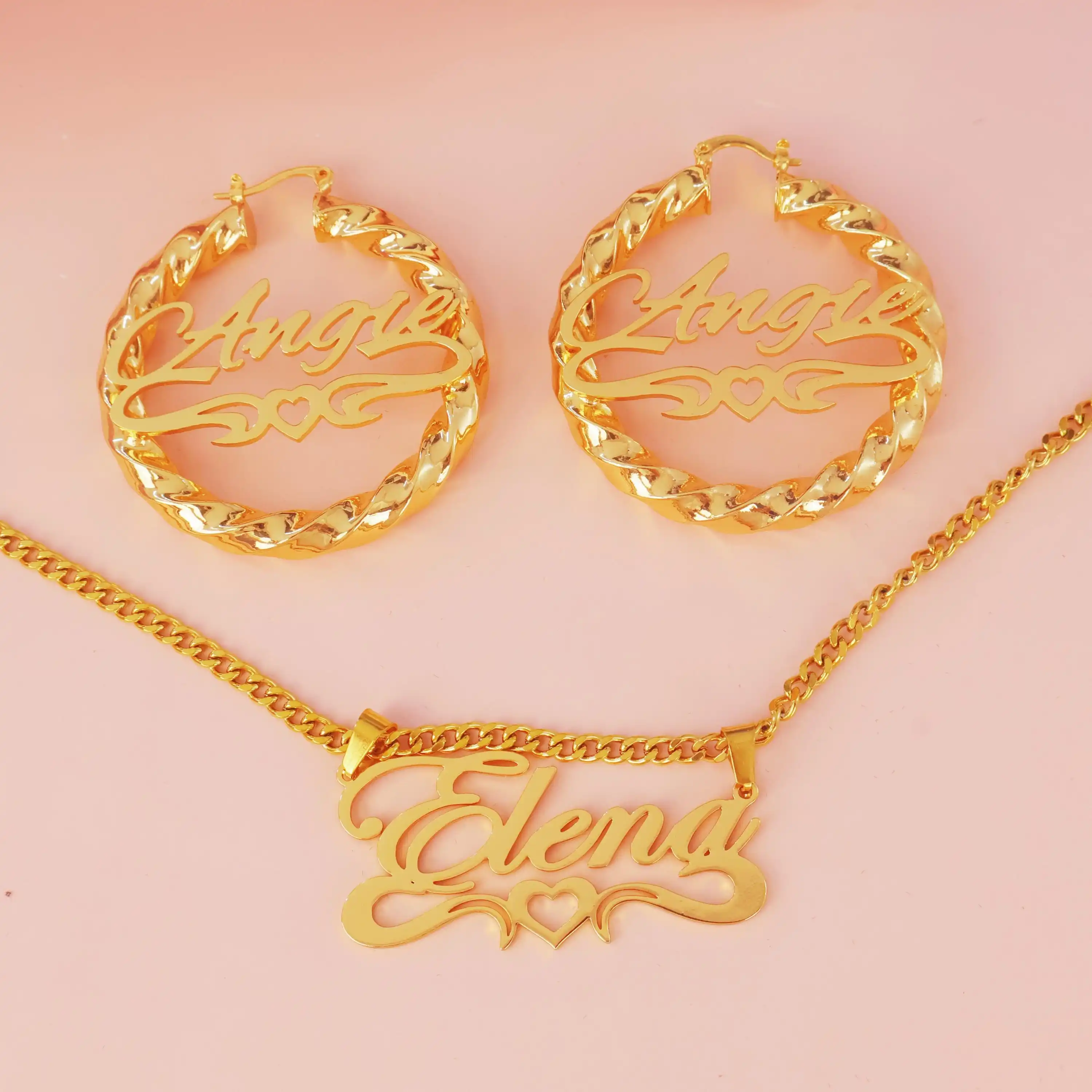 Conjunto de Joyería con Nombre Personalizado, Aretes con Nombre Personalizado, Collar con Nombre en Oro, Aretes de Aro Trenzado, Conjunto de Joyería Infantil Personalizada, Regalo para Ella