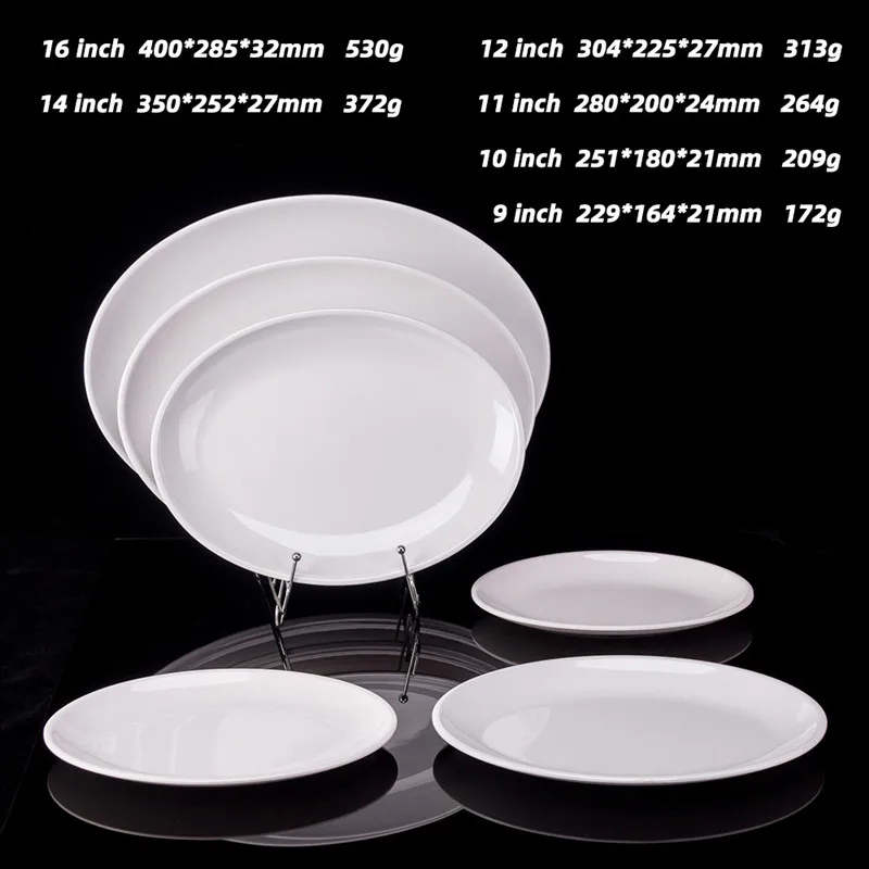 9-14 inch Oval White Melamine Plates Dinner Set Imitation Porcelain Dish Flat Steak Trays Kitchen Hotel Table Service Durable