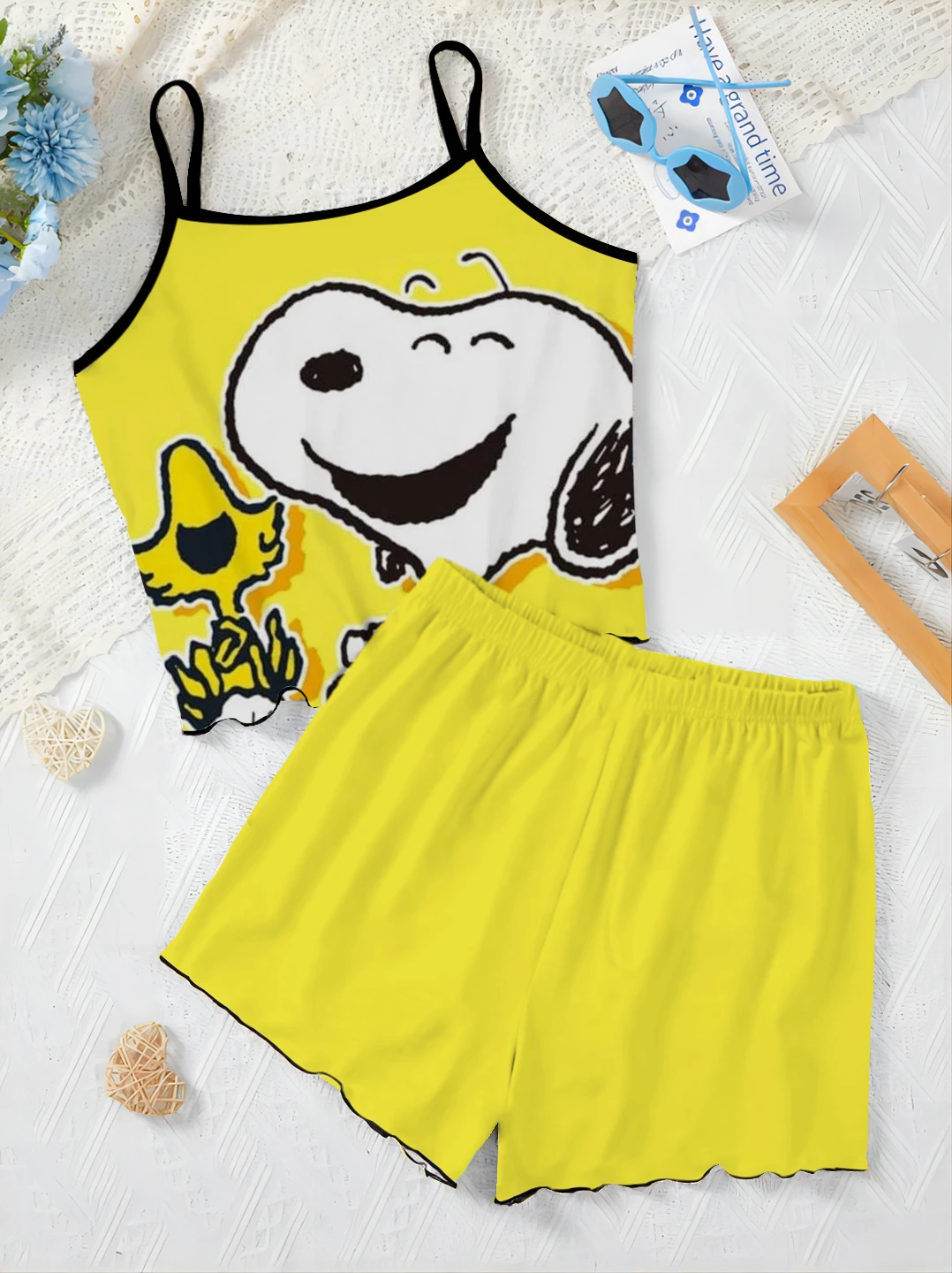 T-shirt Top Snoopy Summer Clothes Women 2024 Short Sets Lettuce Trim Set Woman 2 Pieces Chic and Elegant Women's Suit Home Dress