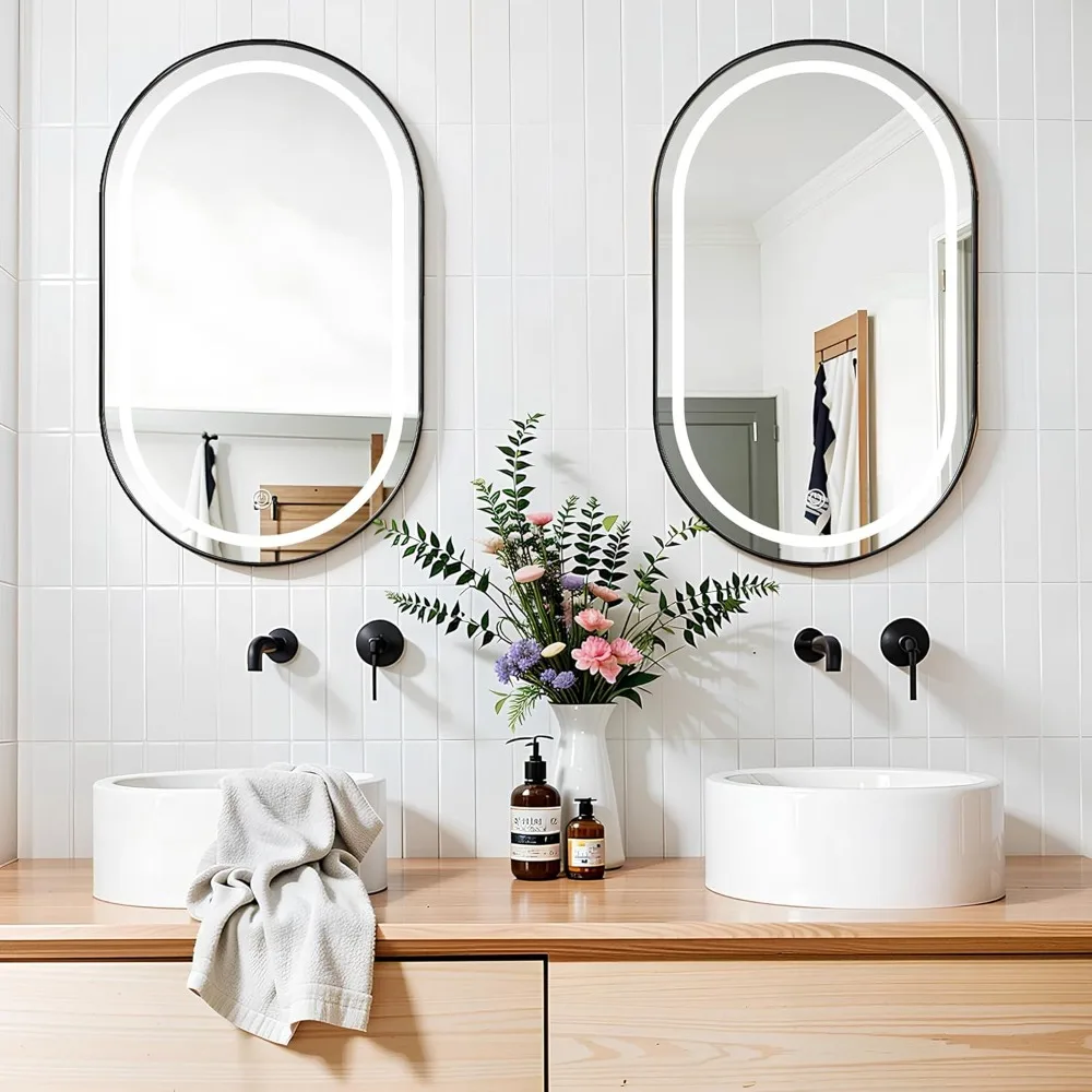 خزانة طبية بيضاوية مضيئة بإضاءة LED مقاس 34 × 20 مع مرآة مشطوفة للحمام