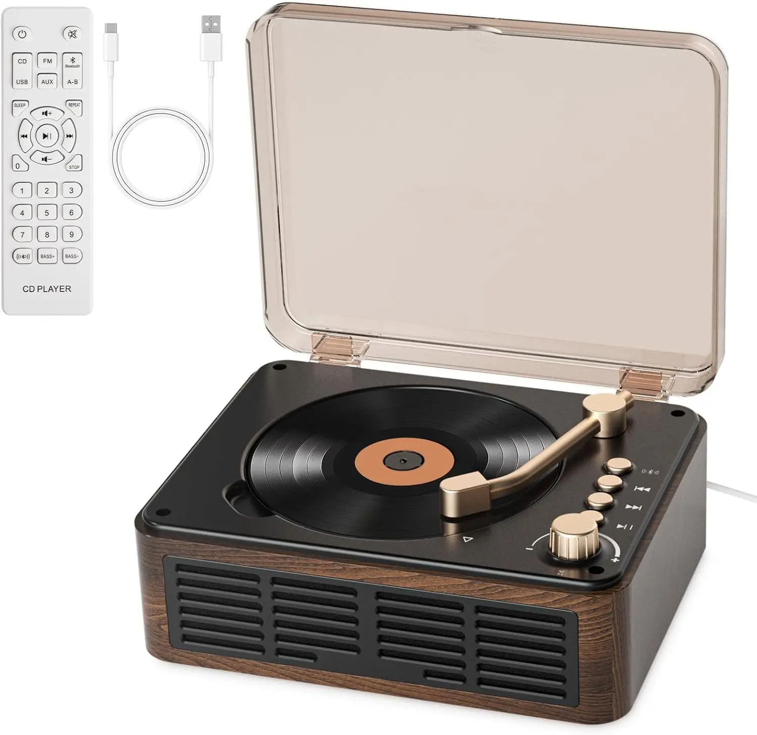 

Retro CD Player with Bluetooth, FM Radio, Speakers, USB/AUX Support, Remote Control - HiFi Stereo Sound for Home