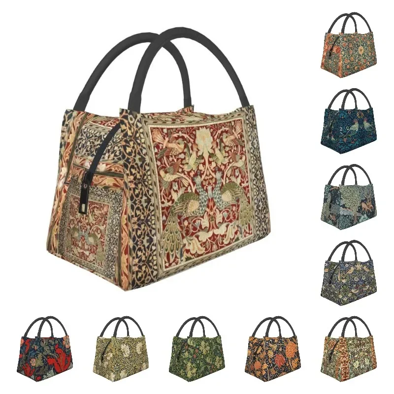 

William Morris Vintage Insulated Lunch Bag for School Office Floral Textile Pattern Leakproof Cooler Thermal Lunch Box Women