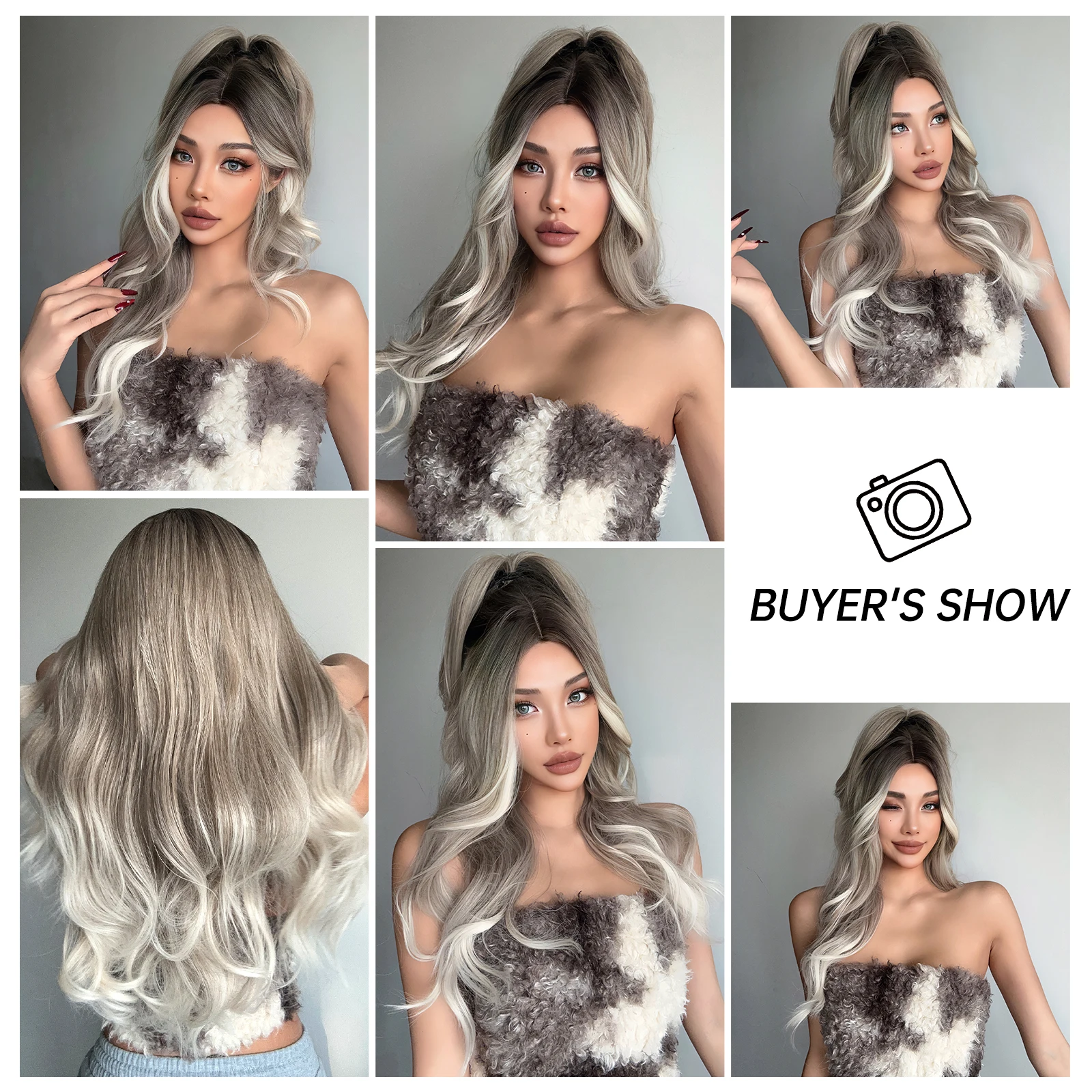 Long Synthetic Wigs Water Wavy Brown Ombre Gray Platinum Middle Part Curly Wig for Black Women Afro Natural Heat Resistant Fibre