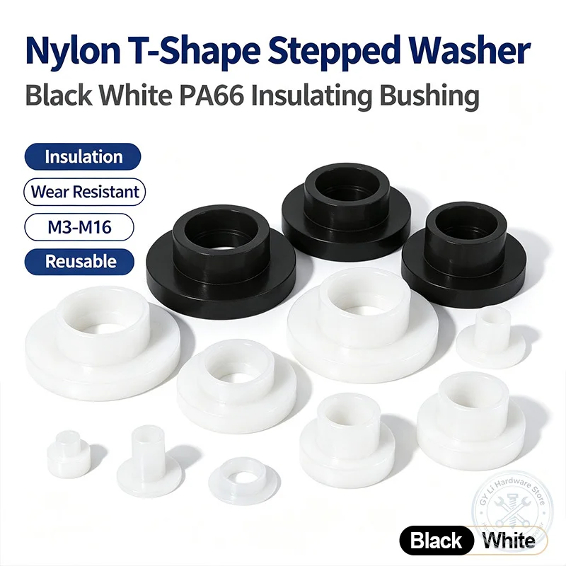 Black White Nylon T-Shape Stepped Washer PA66 Transistor Insulating Pellet Bushings M3-M16 Wear-Resistant Screw Sleeve Fasteners