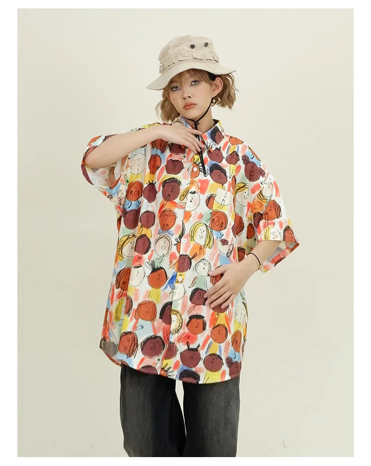 Full Print Character Short-sleeved Shirt 2024 Summer New Loose Bf American Retro Top Ins Trendy Girl