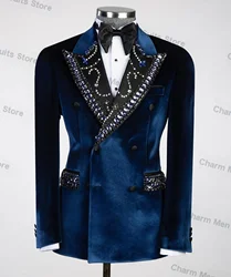 Blue Velvet Crystal Men Suits 2 Piece Blazer+Pants Custom Made Wedding Tuxedo Formal Double Breasted Office Groom Jacket Coat