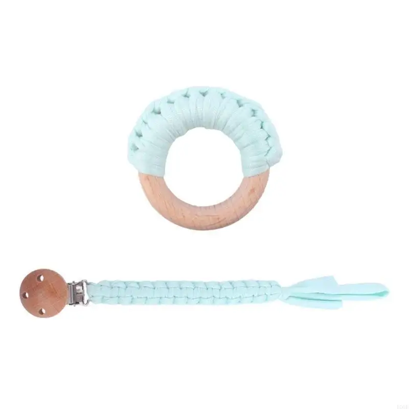 

E06F 2 Pcs Baby Braided Pacifier Chain Clip Wooden Ring Teether Soother Teething Toy