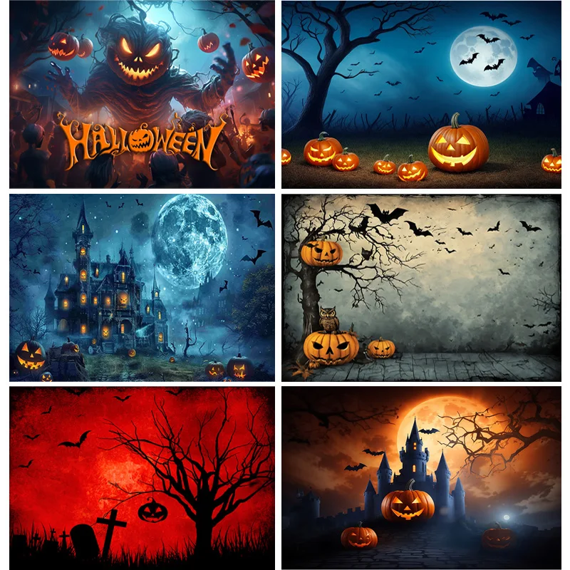 

Halloween Backdrop Full Moon Scary House Night Castle Graveyard Forest Bats Pumpkin Lantern Spooky Photography Background SJ-3