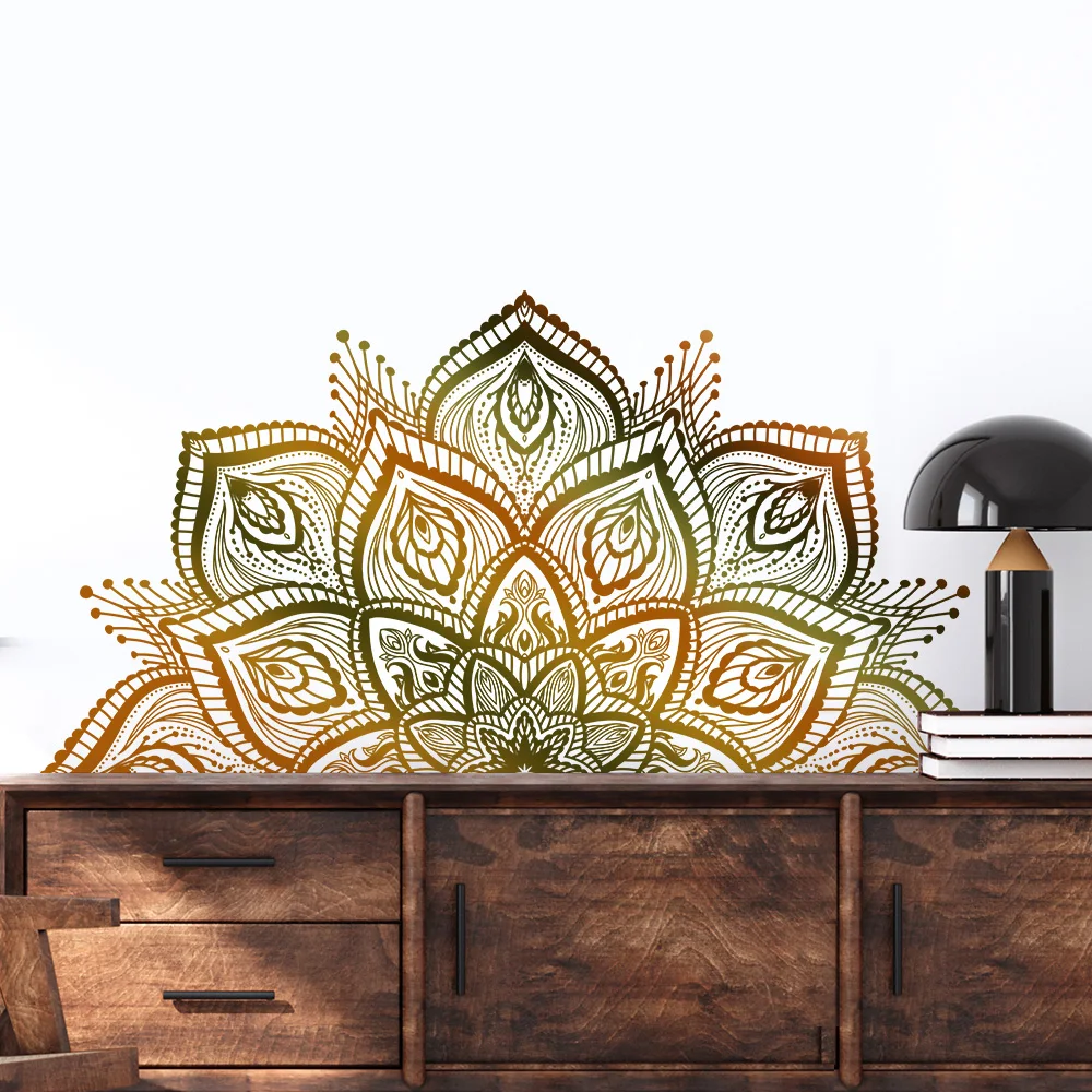 ملصقات حائط ماندالا ذهبية داكنة لتزيين جدران غرفة المعيشة وغرفة النوم، ملصق ديكور ذاتي اللصق باللون الأسود النقي