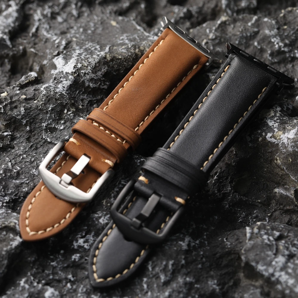 Handmade Head Layer Cowhide Leather Strap For iWatch Apple Watch Ultra2 S9 S8 49mm 45mm 44mm Brown Black Men Soft Bracelet