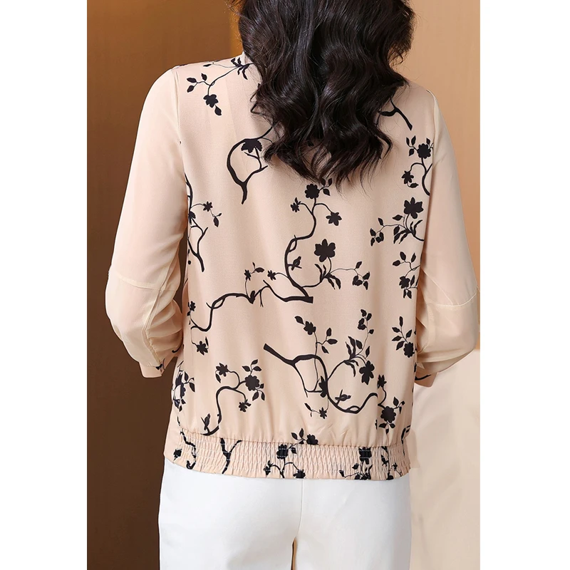 Women\'s Korean Fashion Print Ruffle Bow Elegant Blouse Office Lady Casual Chic Chiffon Shirt Spring Summer 3/4 Sleeve Slim Tops