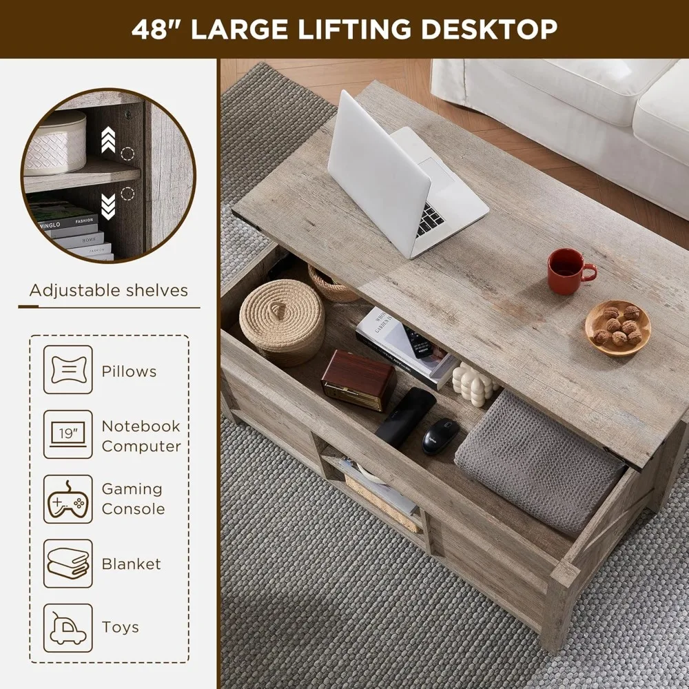 Farmhouse Lift Top Coffee Table with Sliding Door, 48" Large Rustic Center Table with Hidden Storage Compartment
