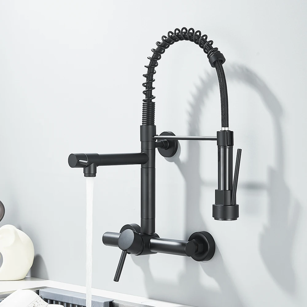 Black Kitchen Faucet 360 Rotation Pull Down Hand Sprayer with Buckle Kitchen Taps Wall Mounted Cold Hot Water Mixer Taps Chrome