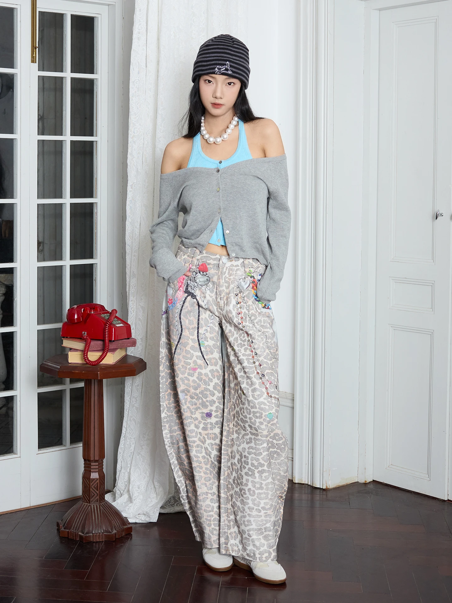 

MOF Gift Shop 3D Printed Straight Leg Crescent Moon Jeans Girl's Casual Cotton Denim Pants Natural Waist Knot Design