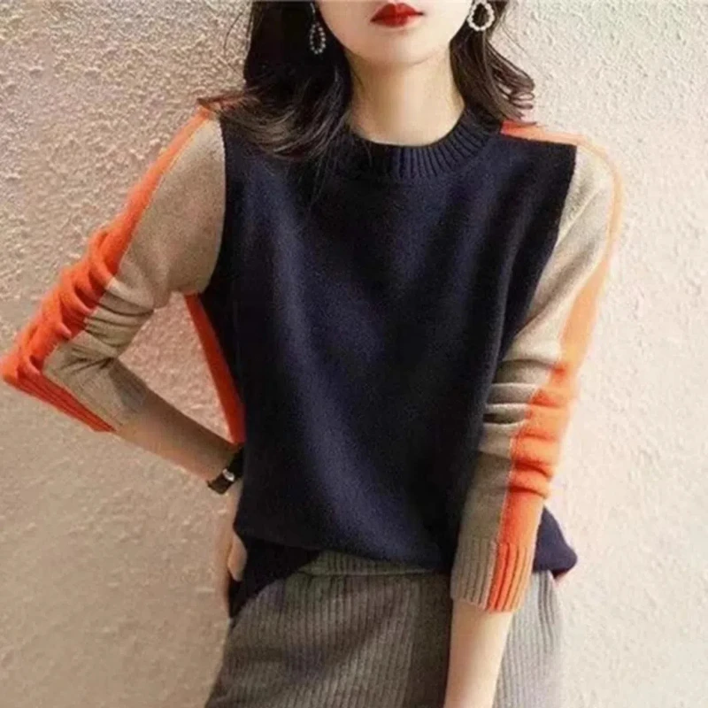 Autumn Winter New Fashion Round Neck Long Sleeve Pullovers Women\'s Clothing Patchwork Color Blocking Knitting Loose Korean Tops