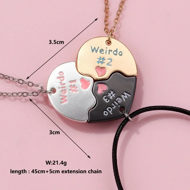 Lovecryst 3Pcs/set Heart-shaped Stitching Letter Weirdo 1 2 3 Best Friend Friendship Necklace for Girls BFF Jewelry Gift