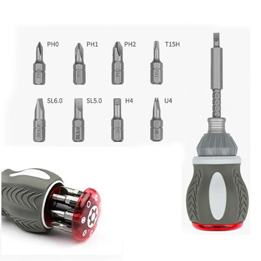 Compact Ratchet Screwdriver with 180 Degree Pivot Function and 8 Replaceable Bits for Efficient Workspace Navigation