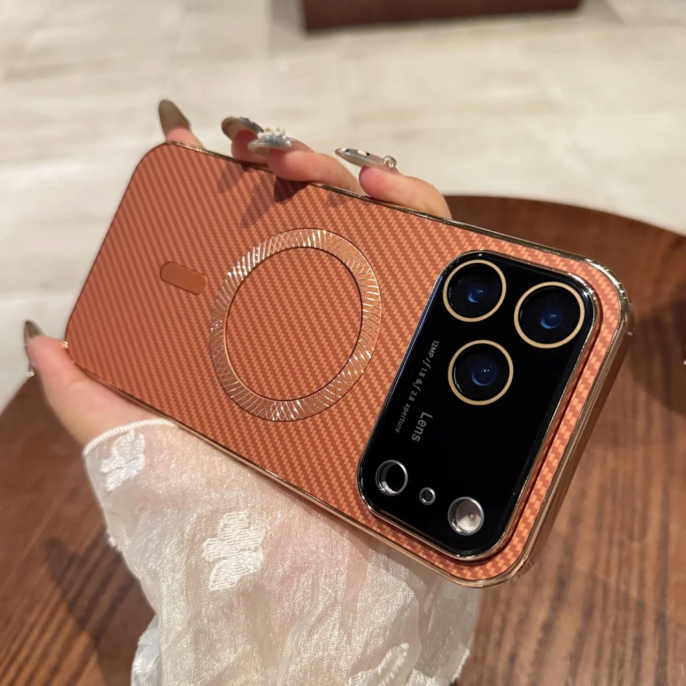 

Plating Magnetic Carbon Fiber For Magsafe Case For iPhone 17 Pro Max 16 15 14 Full Camera Protection Shockproof PC Hard Cover