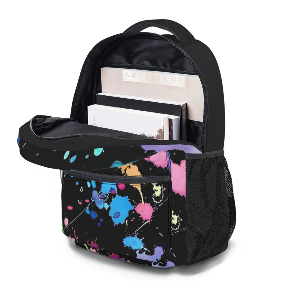 Background preto Paint Splatter Schoolbag para meninos, mochila estudantil de grande capacidade, estudante do ensino médio dos desenhos animados, 17"