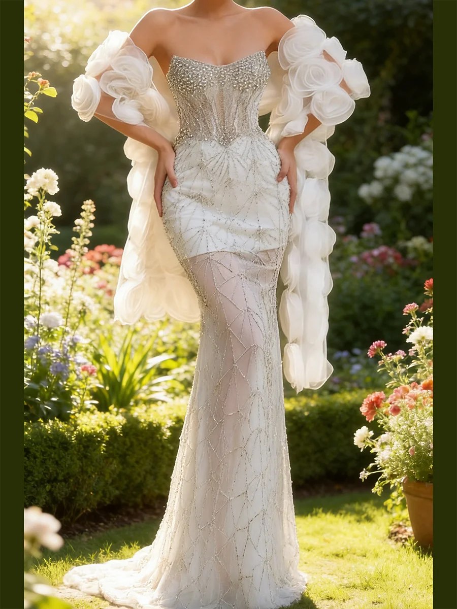 Luxury V-Neck Sequined Beads Flowers Shawl Mermaid Bride Wedding Dresses Bridal Gowns Customized
