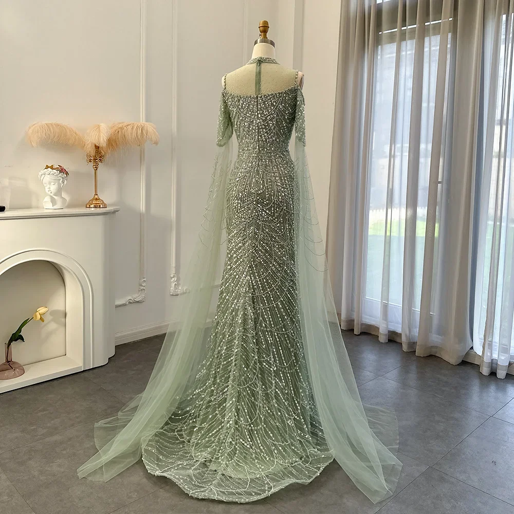 فساتين سهرة Sage Green Mermaid Luxury Dubai Evening Dress Cape Sleeves Women Purple Wedding Formal Party Gown  Customized