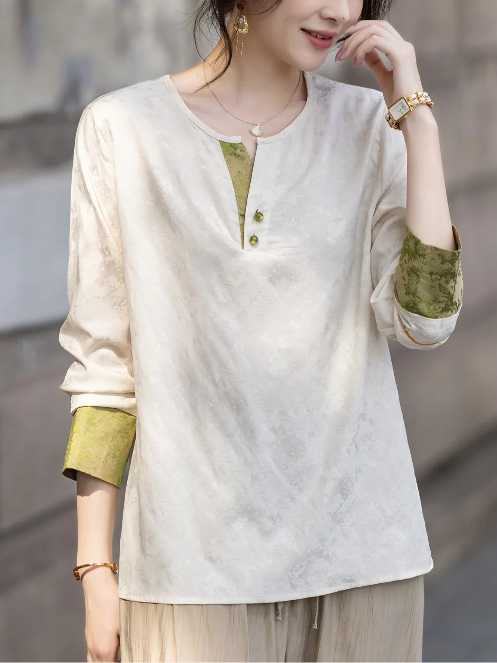 

New Chinese Style Satin Patchwork Color Block Shirt Women's Base Layer Top Spring Autumn Design Zen Sensation Small Shirt