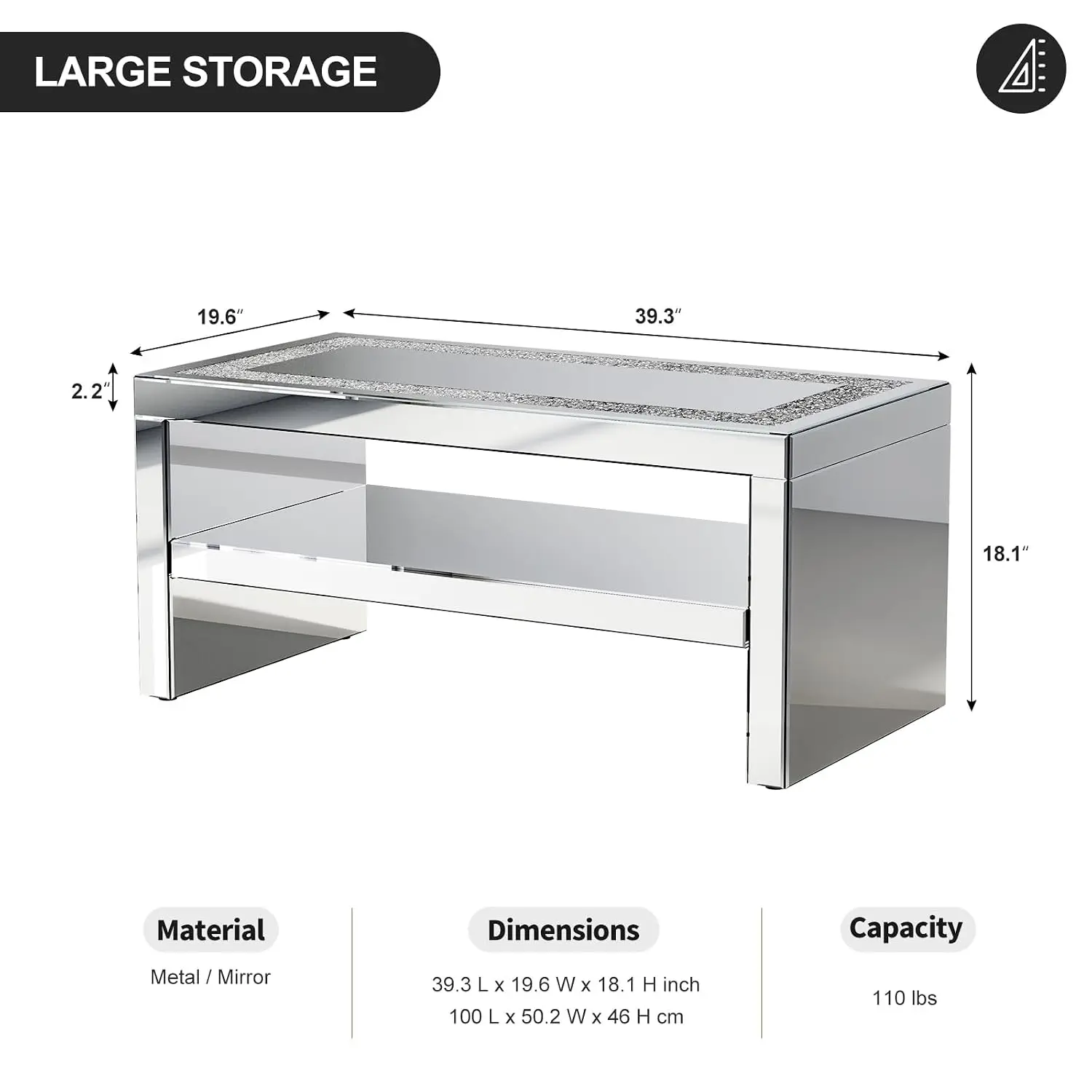 Mirrored Glass Coffee Table with Crystal Board 2 Tier Rectangle Living Room Bedroom, Customized