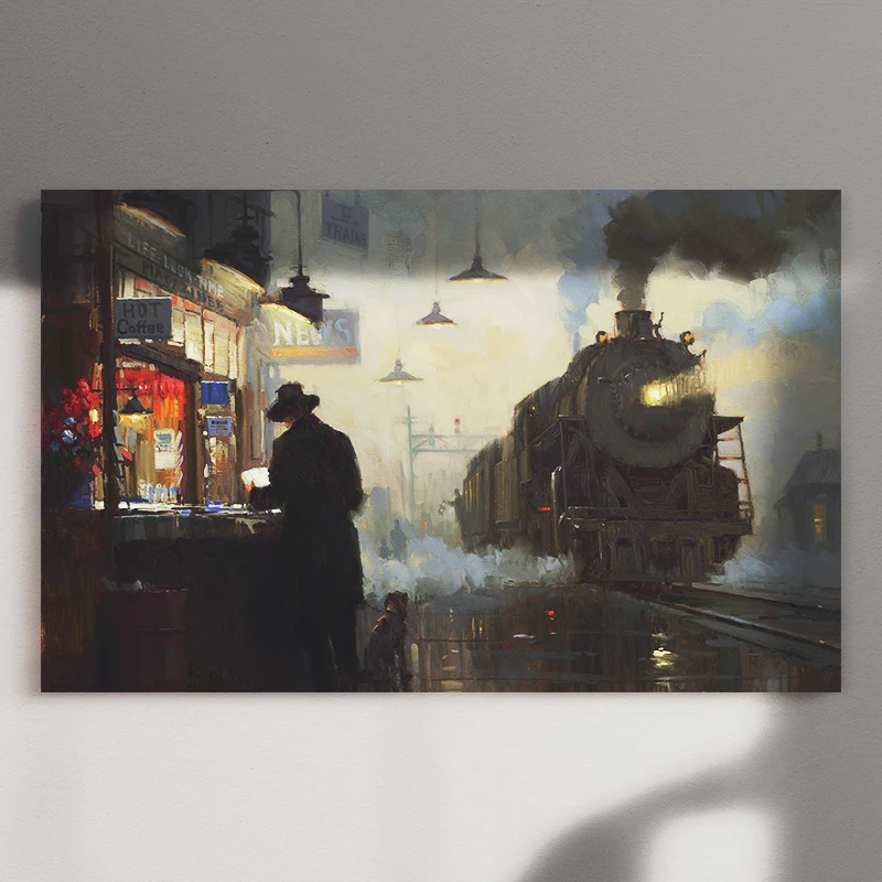 

Train Station Rain Smoke Boat Abstract Painting Vintage Posters for Wall Art Decorative Prints Canvas Pictures Living Room