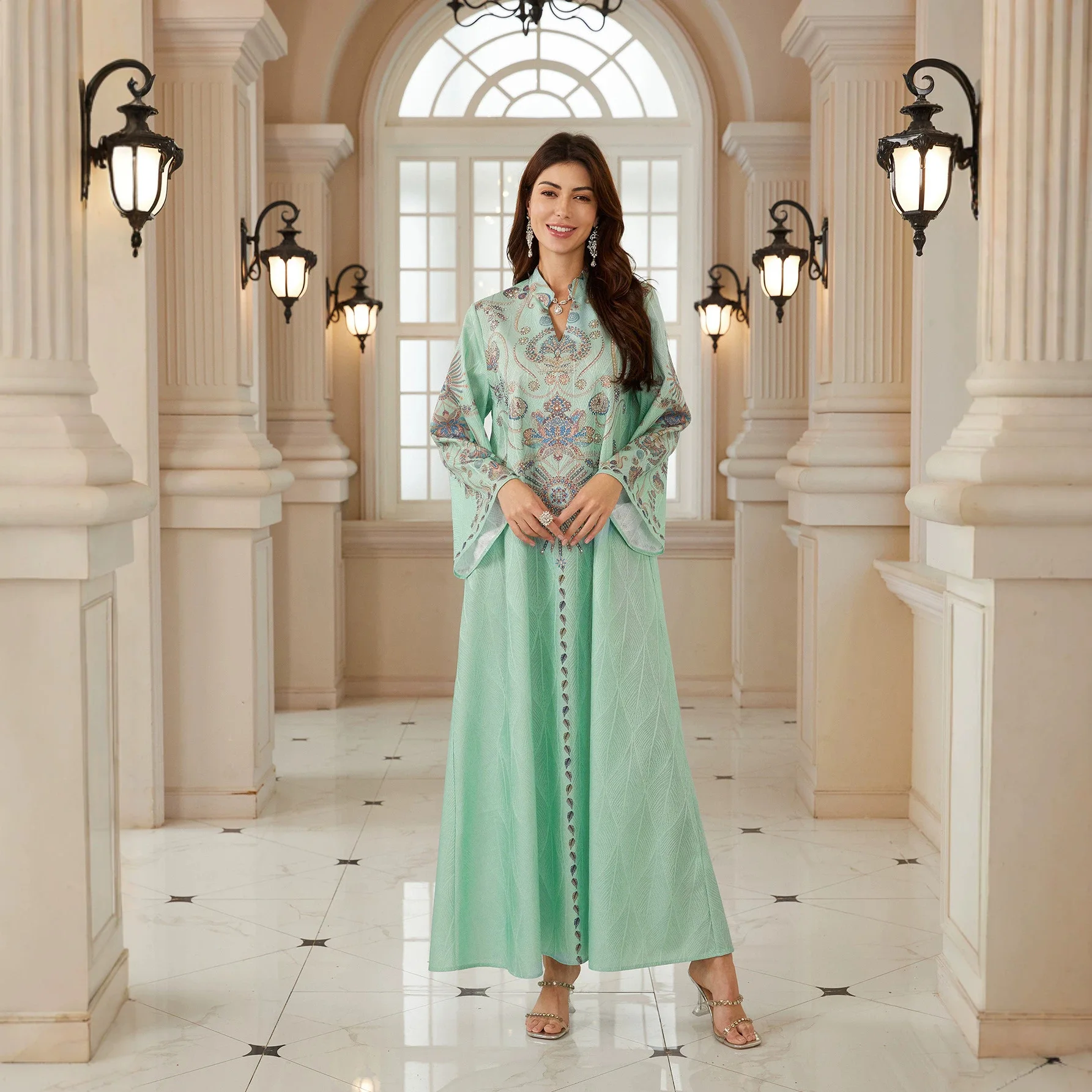 Print Dress Women Eid Muslim Abaya Party Dresses Diamonds Kaftan Jalabiya Ramadan Arab Long Robe Morocco Dubai Islam Vestidos