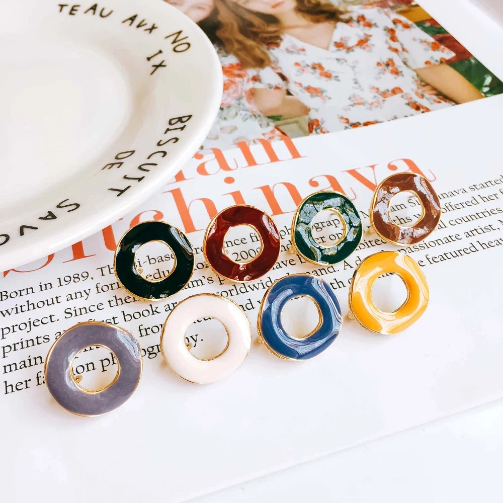 Enamel Alloy Round circle Stud Earring Components Eardrop for Women DIY Jewelry Accessories Handmade Materials 6pcs