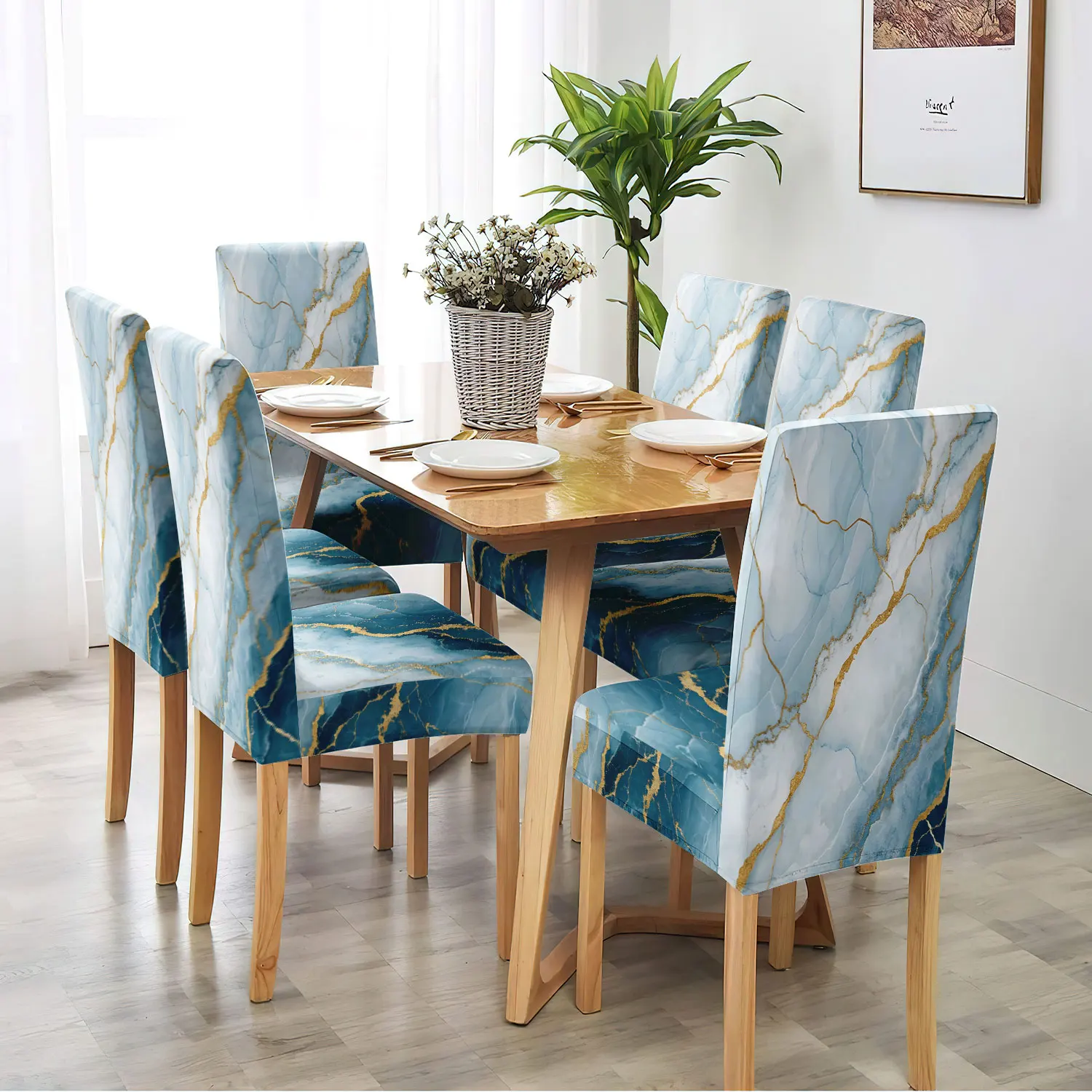 4/6pcs Luxury Blue Marble & Gold Vein Print Stretch Dining Chair Cover – Removable Washable Chair Slipcover