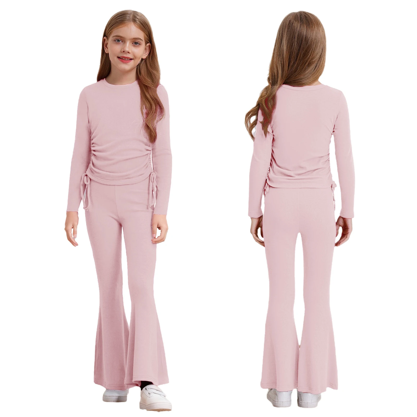 ملابس أطفال بناتي كاجوال بلون سادة وأكمام طويلة برباط مع بنطال واسع لليوجا والرقص والرياضة والجري #2