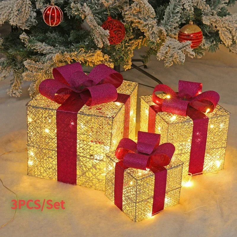 3pcs Ironwork Gift Box with Lightsgift  Merry Christmas Ornaments Indoor and Outdoor Home Courtyard Lawn Decoration 2024