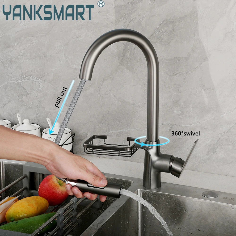 

YANKSMART Kitchen Faucet Pull Out Sink Faucets With Shelf 360 Rotatable Deck Mounted Mixer Water Tap Basin Hot and Cold Taps