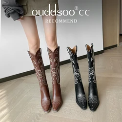 Ods Women's Boots Embroidered Western Cowboy Block Heels Knee High Boot Pu Leather Platform Shoes Retro Womens Boots Zapatos 43
