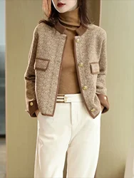 Half Knitting Wool Blend Coat for Women Contrasting Colors Short Mixtures Jacket Woman Luxury Trendy Medium High Quality Hot