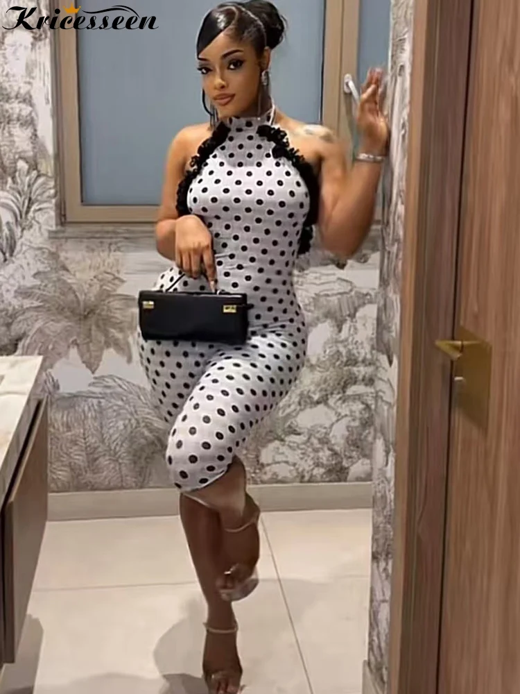 

Kricesseen Vintage Polka Dot Print Halter Jumpsuit For Women Sexy Backless Skinny Long Pants Romper Lady Birthday Party Outfits