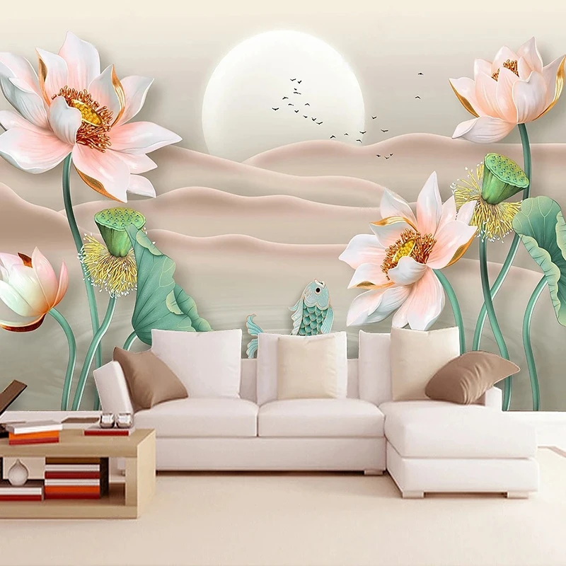 Custom Size Wallpaper Chinese Style Home Decor 3D Lotus Abstract Landscape TV Background Photo Mural Non-woven Relief Wall Paper