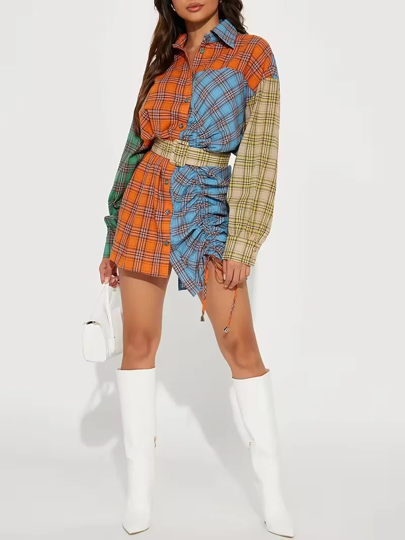 Abito camicia da donna, nuovo mini abito scozzese color block autunno/inverno - arancione/colori misti