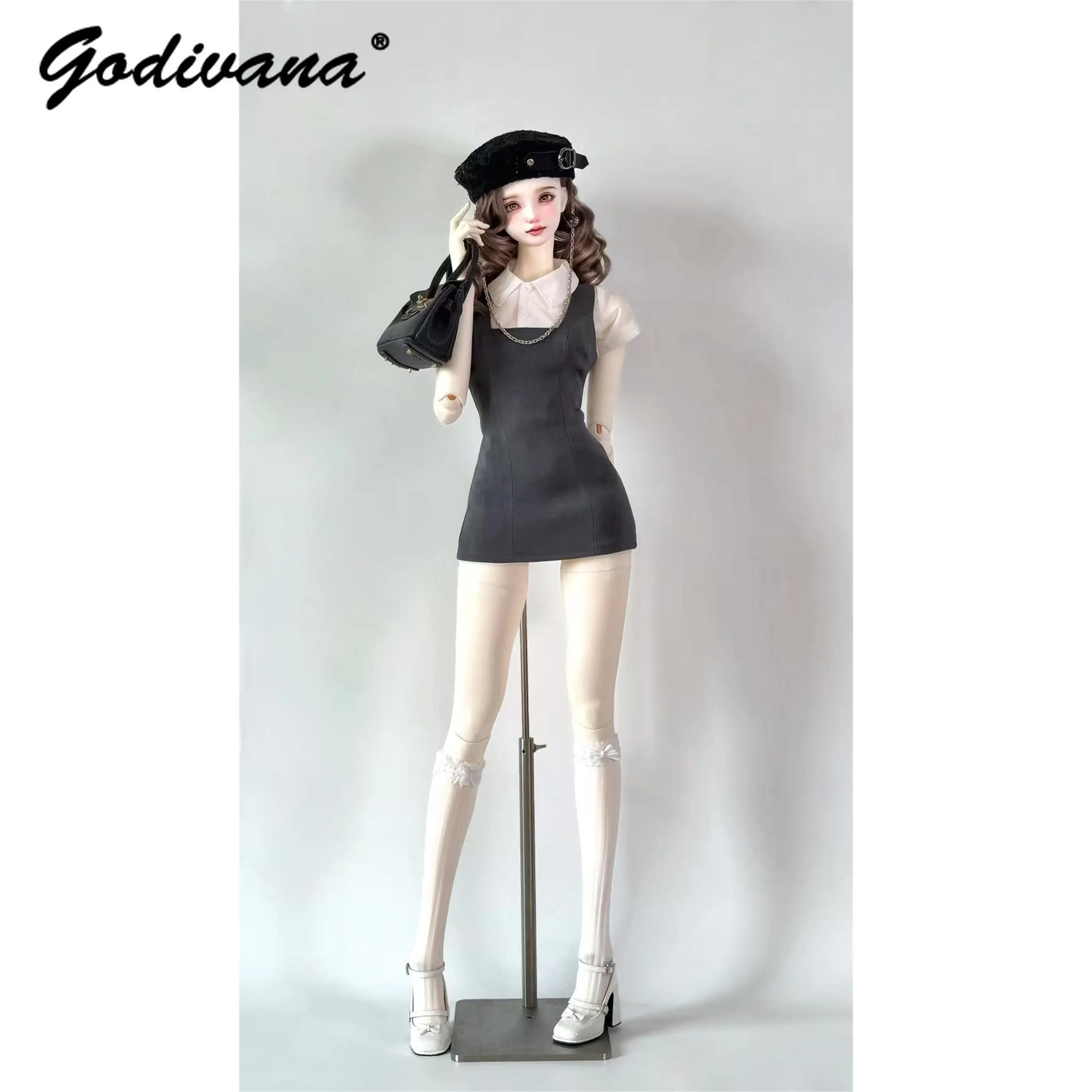 1/3 BJD Doll Preppy Style Outfit Retro College Look Multiple‑styles Satin Polka‑dot Plaid Dress Skirt Set for 1/3 BJD Clothes