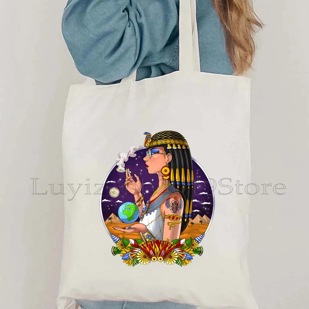 Ancient Egypt Landscape Totem Pharaoh Canvas Shopping Tote Bag Queen Atum Egyptian Pyramids Eye Of Horus Student Shopper Handbag