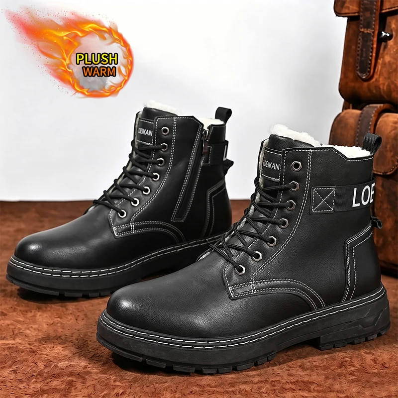 Men Fleece Lined Ankle Boots Side Zipper Lace‑up PU Leather Thick Sole Warm Winter Daily Male Shoes Big Size 39‑48