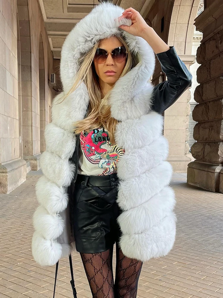 

Strip Sewed Hooded Natural Fox Fur Vest Jacket Women Luxury Winter Fashion Outertwear Sleeve White Real Fur Coat Lady